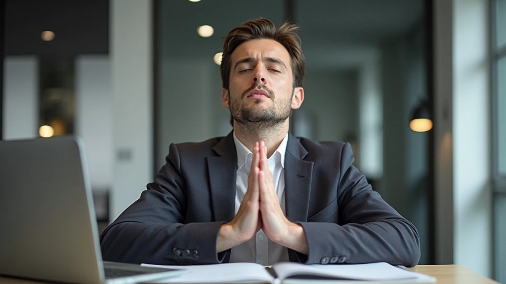 Человек выполняет дыхательные упражнения в офисе