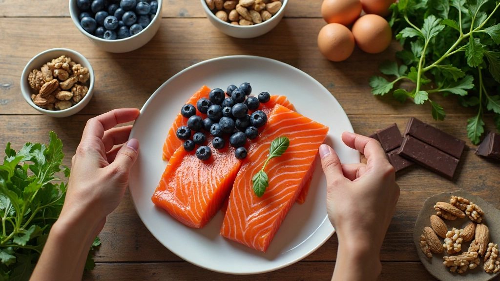 Ассортимент полезных продуктов для мозга: рыба, ягоды, орехи на деревянном столе